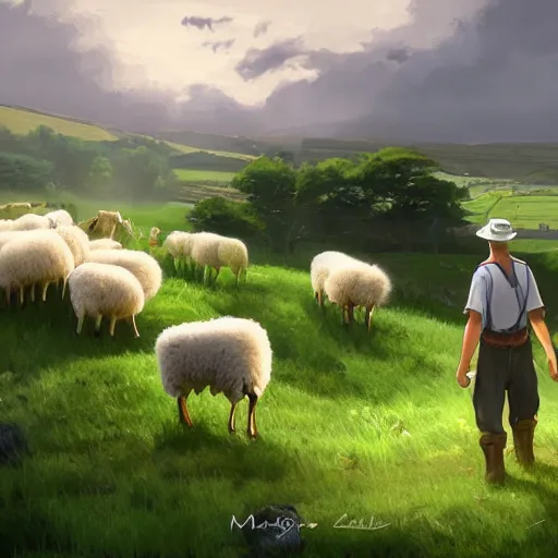 Image similar to an irish farmer herding sheep next to his small homestead in the irish countryside, highly detailed, digital painting, concept art, sharp focus, by makoto shinkai