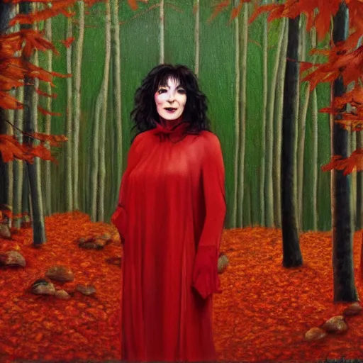 Image similar to kate bush standing in a red leafed a forest where no one is around to hear it, incredibly detailed oil painting, high octane, trending on artstation, incredible fineline, regal, fine art museum piece, drum scanner