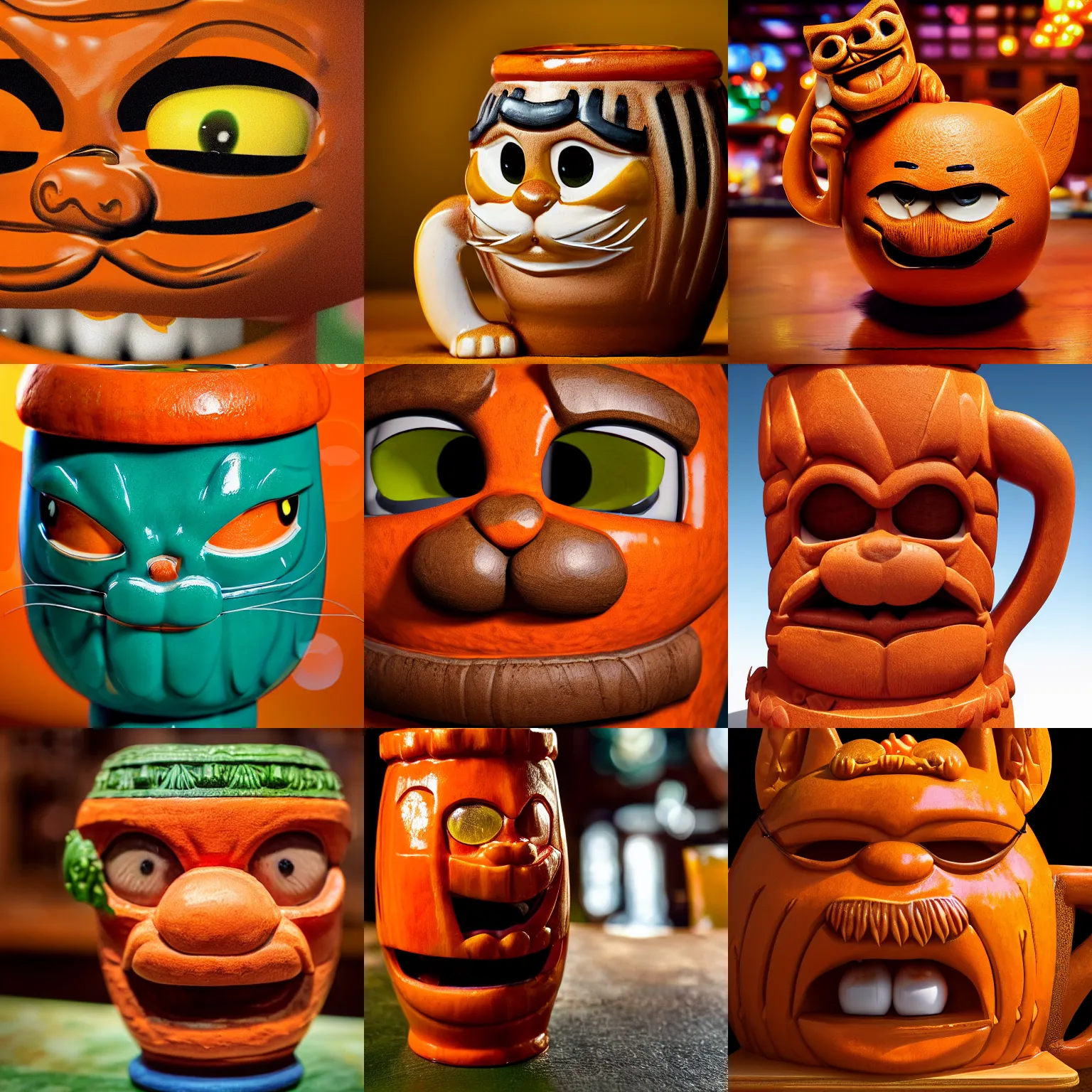 Prompt: a closeup photorealistic photograph of an orange garfield style tiki mug at a trader vic's bar with garfield's cat face on the front. tiki party. bright scene. fine detail. this 4 k hd image is trending on artstation, featured on behance, well - rendered, extra crisp, features intricate detail, epic composition and the style of unreal engine.