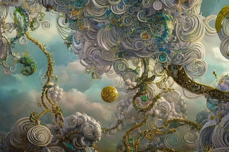 Image similar to a huge flock of many ornate intricate puffy filigreed clouds tangled into large whirling ultra detailed crystal specimens, art nouveau jungle environment, playful, award winning art, epic dreamlike fantasy landscape, ultra realistic,