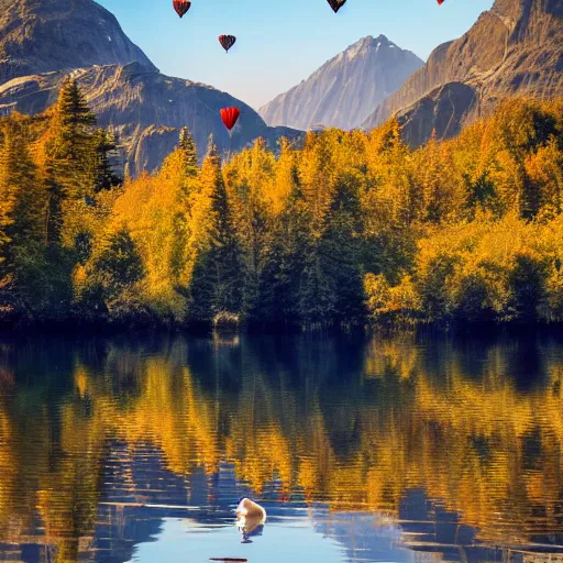 Image similar to photo of two black swans swimming in a beautiful reflective mountain lake, touching heads, forming a heart with their necks, a colorful hot air balloon is flying above the swans, hot air balloon, intricate, 8k highly professionally detailed, HDR, CGsociety