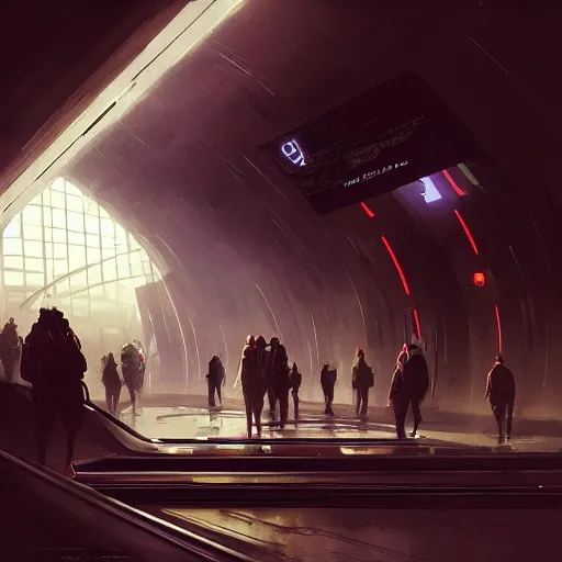 Prompt: scifi concept art by greg rutkowski, futuristic subway station with a lot of people waitintg, futuristic brutalist aesthetic, dim ilumination, highly detailed portrait, digital painting, artstation, concept art, smooth, sharp foccus ilustration, artstation hq