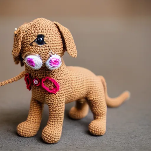 Image similar to a crochet golder retriever, very cute, kawaii, extremely detailed, complex, intricate, Sigma 50mm f/1.4