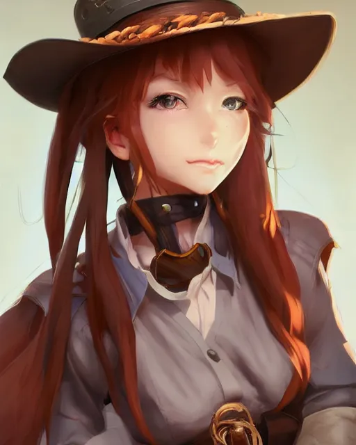 Image similar to character concept art of an anime cowgirl | | cute - fine - face, pretty face, realistic shaded perfect face, fine details by stanley artgerm lau, wlop, rossdraws, james jean, andrei riabovitchev, marc simonetti, and sakimichan, tranding on artstation