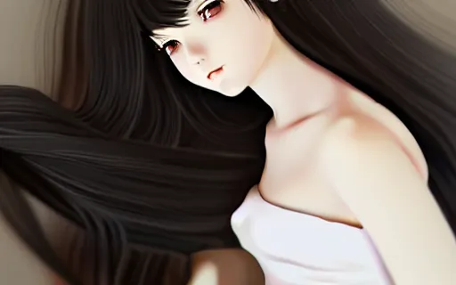 Image similar to little girl with an long black hair dressed in a simple white dress sleeping, anime art style, digital art ilya kuvshinov, inspired by balthus, hd, 4 k, hyper detailed, top view