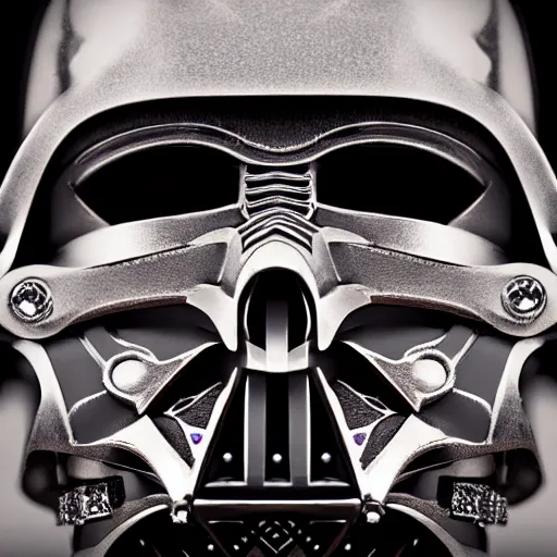 Image similar to A close up symmetric steampunk darth vader mask with sparkling eyes made from ornate engraved full plate armor and Rolex gears and jewels and gems, macro shot by Justin Gerard, unreal engine, detailed, intricate, physically based rendering