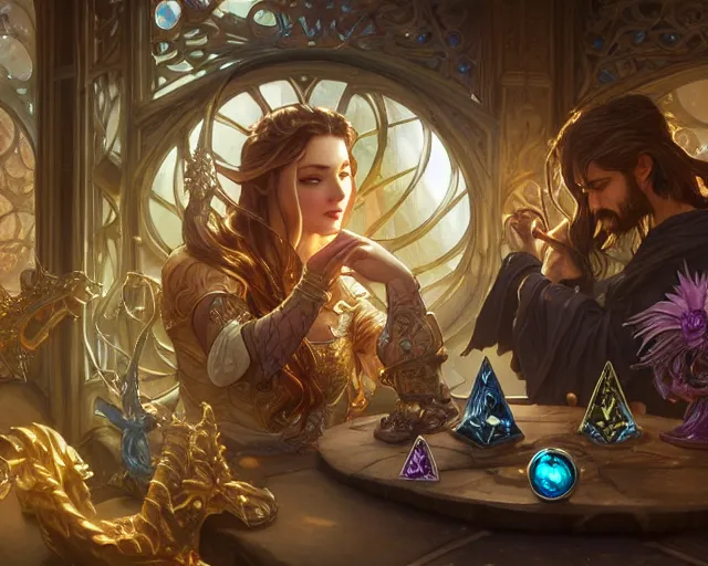 Image similar to shop window for magical rings, close up ring, magic ring, deep focus, d & d, fantasy, intricate, elegant, highly detailed, digital painting, artstation, concept art, matte, sharp focus, illustration, hearthstone, art by artgerm and greg rutkowski and alphonse mucha