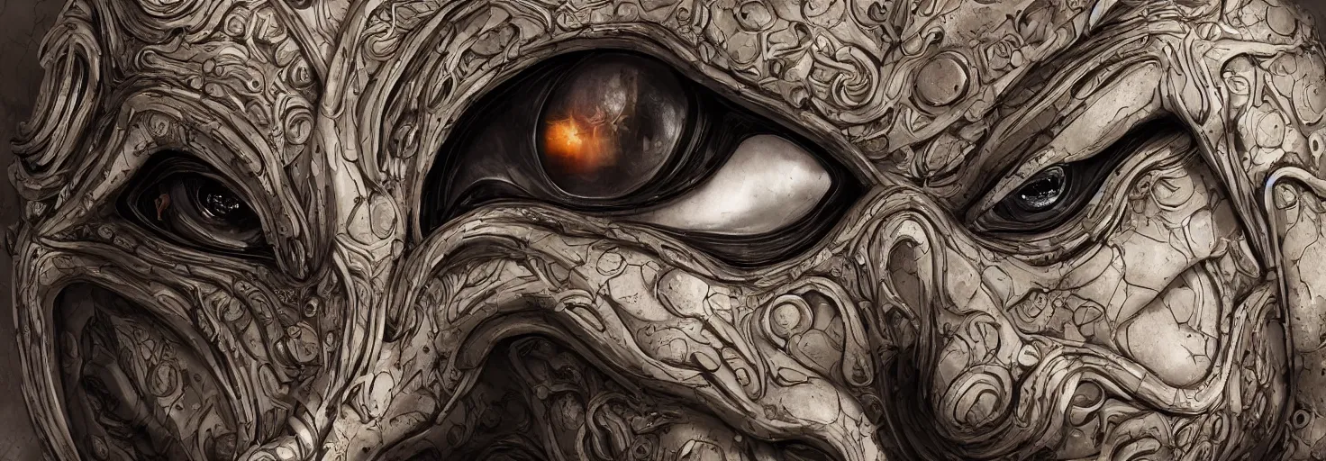 Image similar to engineer alien face by Artgerm, alien, highly detailed, symmetrical long head, smooth marble surfaces, detailed ink illustration, raiden metal gear, cinematic smooth stone, deep aesthetic, concept art, post process, 4k, carved marble texture and silk cloth, latex skin, highly ornate intricate details, moody lighting, hr geiger, hayao miyazaki, by Artgerm