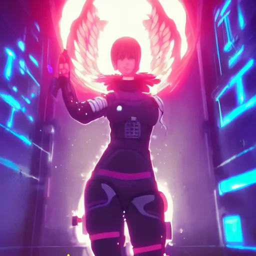 Prompt: anime cyberpunk movie still arcane, small female android cyborg - angel, glowing red left eye and glowing blue right eye, cinematic lighting, advanced digital cyberpunk art in the style of pokemon, wlop, rossdraws sakimimichan, ilya kuvshinov, krenz cushart, greg rutkowski - c 1 5