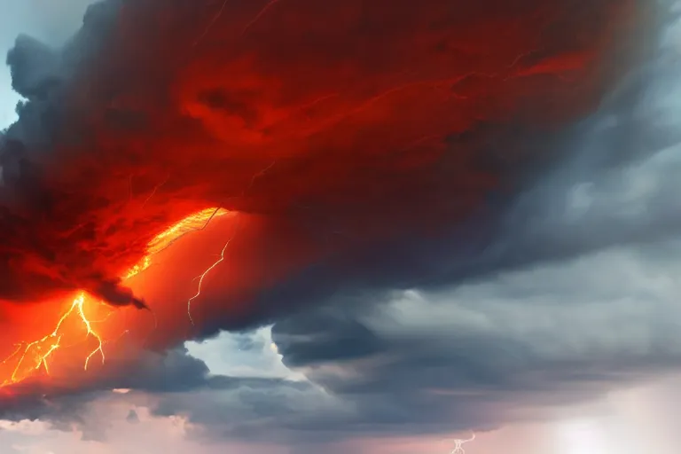 Prompt: a photo of a cloud made of fire and lightning looming over a dystopian city, photorealistic, 8 k