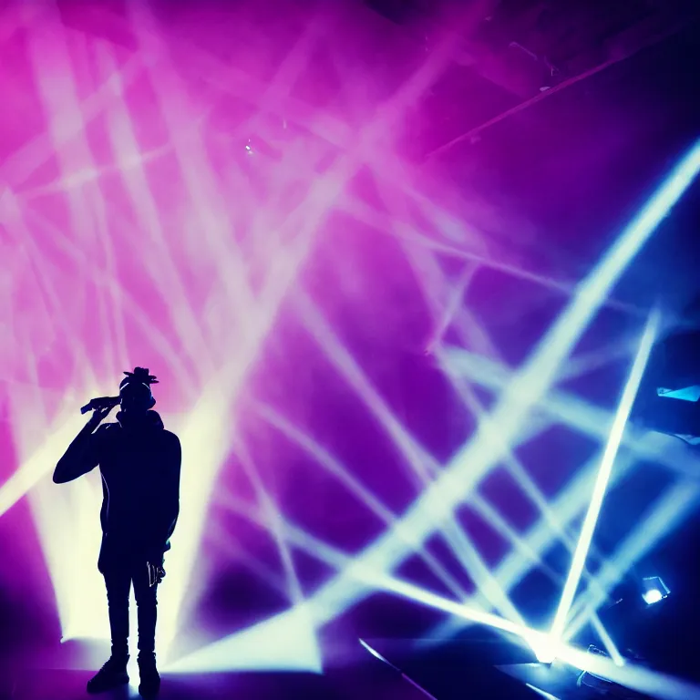 Prompt: rapper performing with microphone, epic pose, profile view, silhouetted, distinct figure, psychedelic hip-hop, laser light show, fog, beams of light