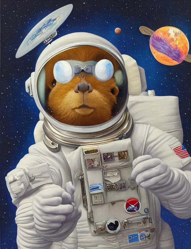 Image similar to beautiful detailed and adorable painting of a capybara astronaut in a spacesuit floating above earth by casey weldon by mark ryden by thomas blackshear, super cute, new contemporary, pop surrealism, oil painting