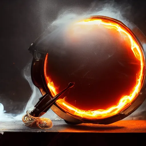 Image similar to fried egg in a red hot frying pan, tangles of metallic cables, dark messy smoke - filled cluttered workshop, dark, dramatic lighting, orange tint, sparks, plasma charges, cinematic, highly detailed, sci - fi, futuristic, movie still