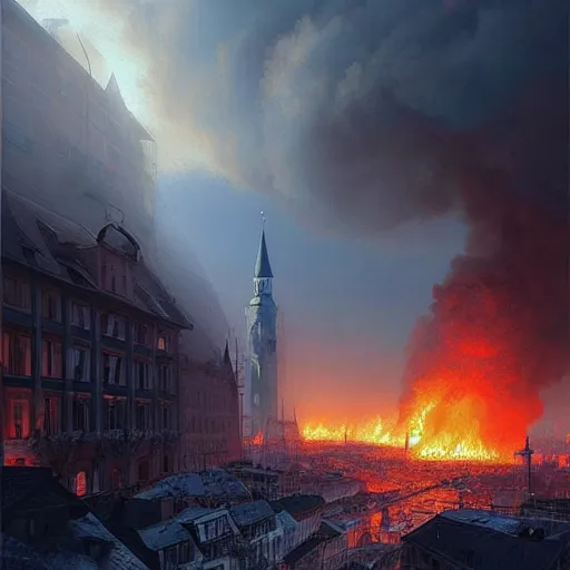 Image similar to city of munich destroyed by a meteor!!!, rubble!!, fires!! hyperrealistic, highly detailed, cinematic, foggy light from fires, beautiful, cgssociety, artstation, 8 k, oil painting by greg rutkowski, by artgerm, by wlop