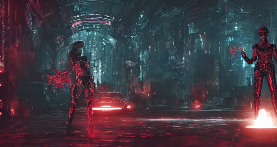 Prompt: a very hot scarlet asian necromancer in cyberpunk-plate-armor, Ultra-HD, doing a summoning futuristic ritual with holograms, Volumetric Lighting, Screen Space Global Illumination, Opaque, Optics, Lumen Reflections, VFX, insanely detailed and intricate, hypermaximalist, elegant, ornate, hyper realistic, super detailed, full body, octane render, unreal engine