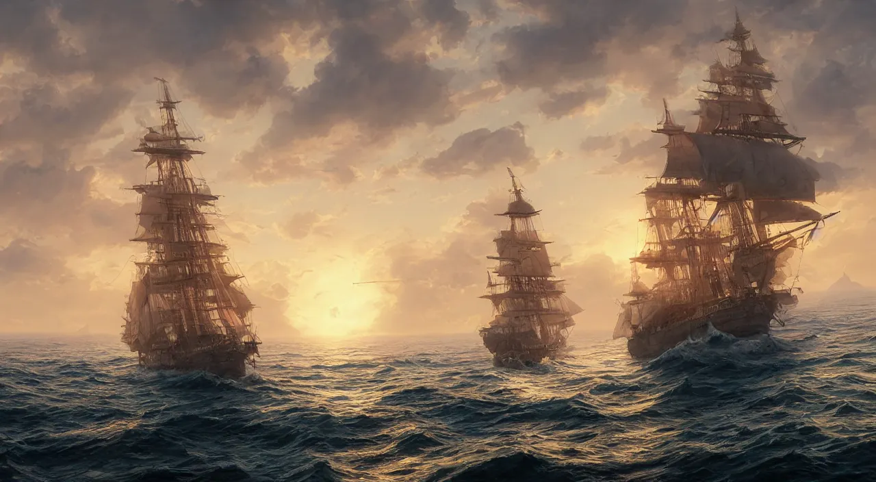 Image similar to hyper realistic detailed matte painting of galleon sailing towards the rising sun, calm ocean, sunset lighting, cloudless sky, hyperdetailed unreal engine 8 k ultra hd, stanley artgerm lau, rossdraws, james jean marc simonetti ruan jia and mandy jurgens and artgerm and william illustration, digital art, concept art