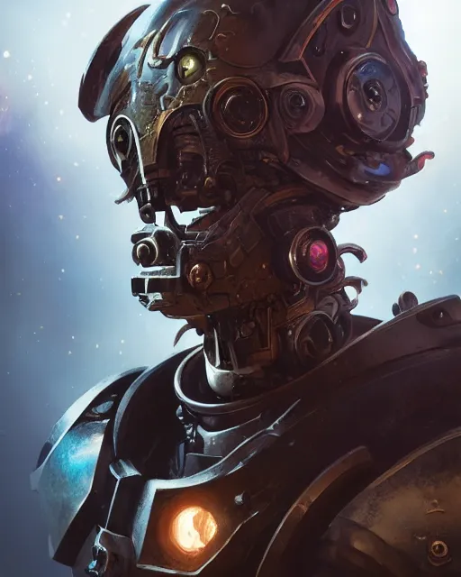 Prompt: hyper realistic portrait of warhammer android head, cinematic, chaos marine, tzeentch, artstation, cgsociety, full head and shoulders, greg rutkowski, james gurney, mignola, craig mullins, brom