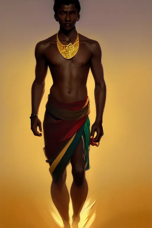 Image similar to full figure beautiful young fit dark skin man, dressed with multicolored fluent clothes, luminous scene, by greg rutkowski and alphonse mucha, d & d character, gradient white to gold, in front of a dune desert background, highly detailed portrait, digital painting, artstation, concept art, smooth, sharp focus illustration, artstation hq