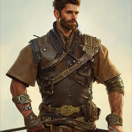 Image similar to portrait of a young, rugged ranger, handsome, muscular, half body, leather, smirk, fantasy, intricate, elegant, highly detailed, digital painting, artstation, concept art, smooth, sharp focus, illustration, art by artgerm and greg rutkowski and alphonse mucha