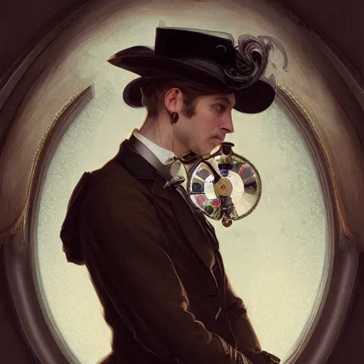 Image similar to portrait of a victorian gentleman with a monocle, fantasy, intricate, elegant, highly detailed, digital painting, artstation, concept art, smooth, sharp focus, illustration, art by artgerm and greg rutkowski and alphonse mucha