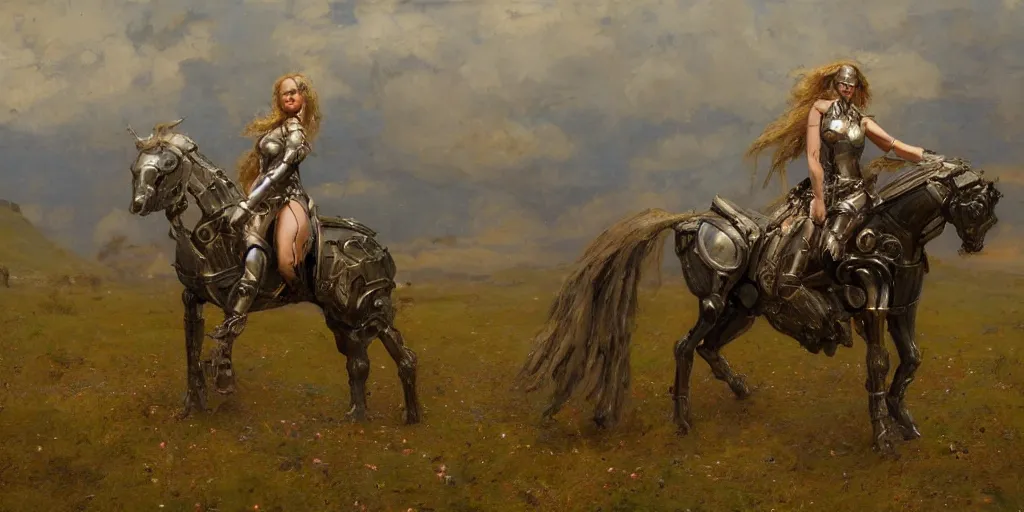 Prompt: full body girl medieval armor ccyborg and one metal horse landscape of meadow poses by gaston bussiere, anna nikonova aka newmilky, greg rutkowski, yoji shinkawa, yoshitaka amano, moebius, donato giancola, geoffroy thoorens, trending on artstation, featured on pixiv, cinematic composition, 8 k