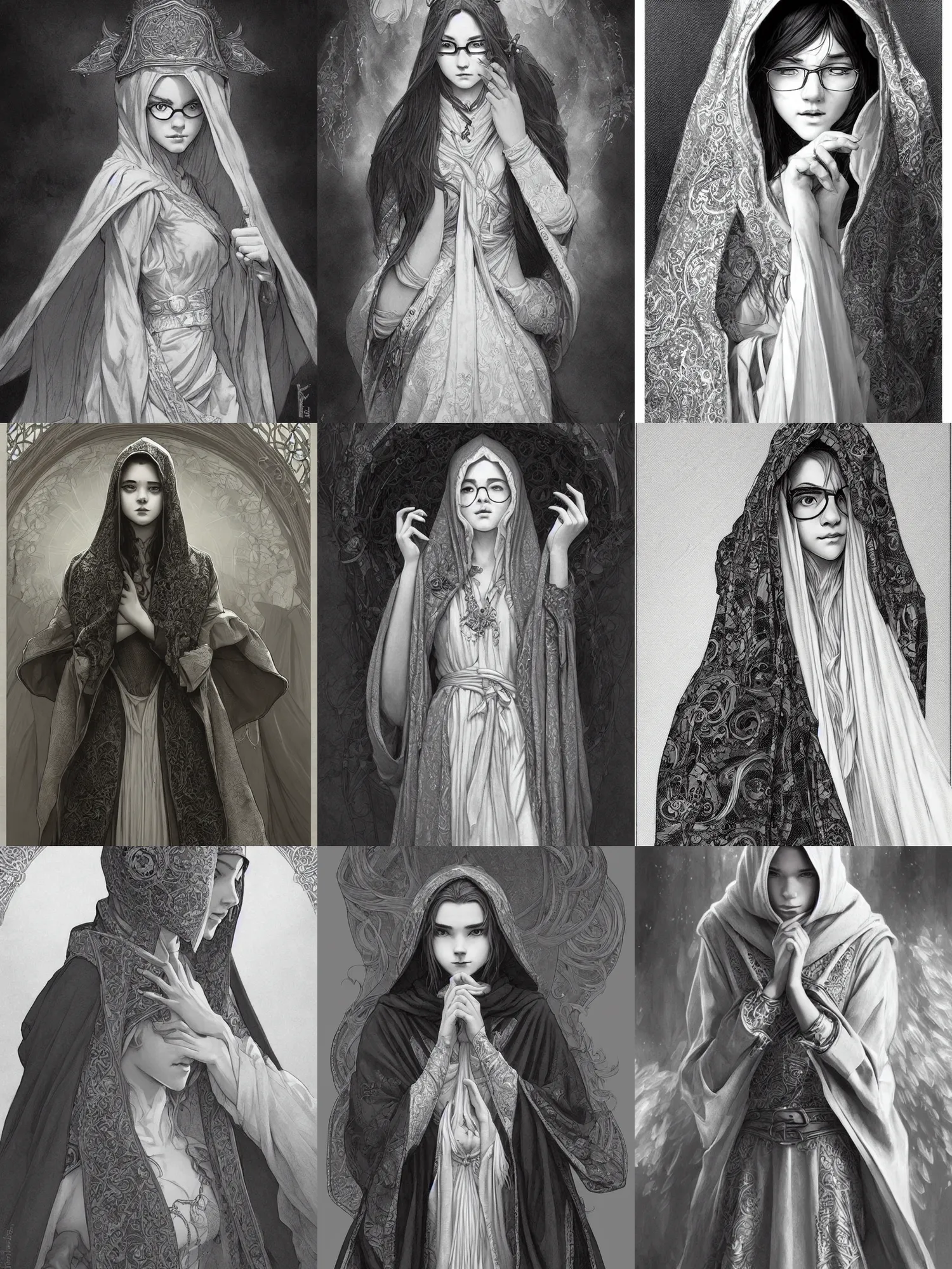 Prompt: picture of an teenager female illusionist, female, elegant robes, intricate hood, small glasses, dnd, highly detailed, detailed face, grayscale, manga illustration, black and white, by artgerm, greg rutkowski, alphonse mucha