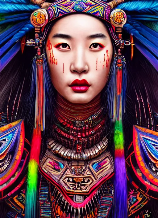 Image similar to portrait of liu yifei, hyper detailed ultra sharp aztec shaman warrior. trending on artstation, warpaint aesthetic, bloodwave, colorful, psychedelic, ornate, intricate, digital painting, concept art, smooth, sharp focus, illustration, art by artgerm and greg rutkowski and h. r. giger, 8 k