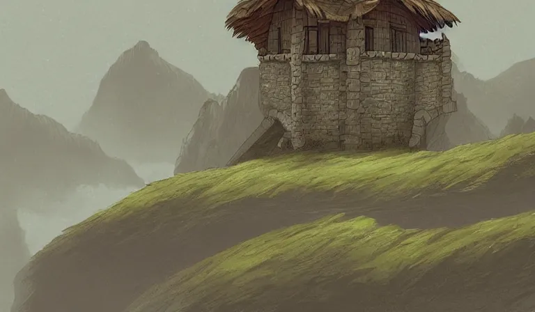 Prompt: A serene landscape with a singular building in the style of dungeons and dragons illustrations