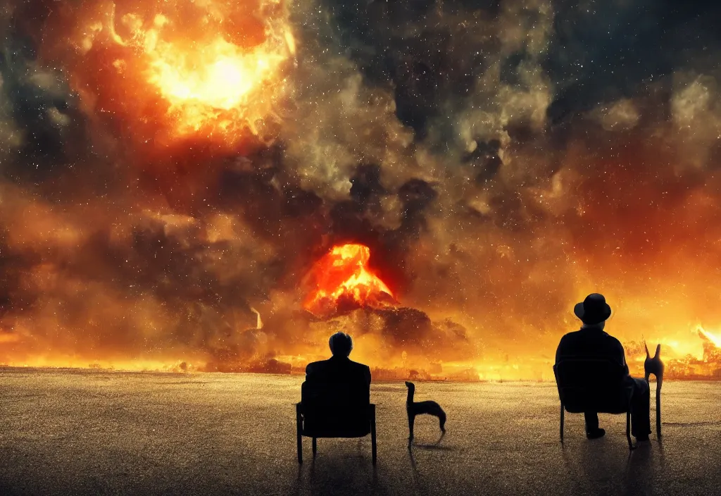 Image similar to cinematic movie close up shot from behind, background blur bokeh, old man sitting with black cat watching nuke explosion close up shot from behind, world ending nuke, 4 k