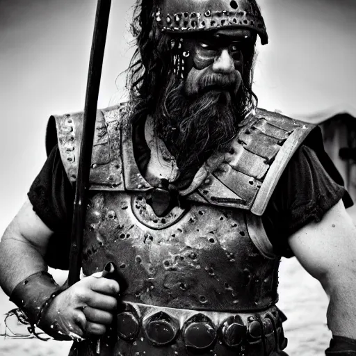 Image similar to viking in black body armour with black and white face painting, extremely detailed image from a film