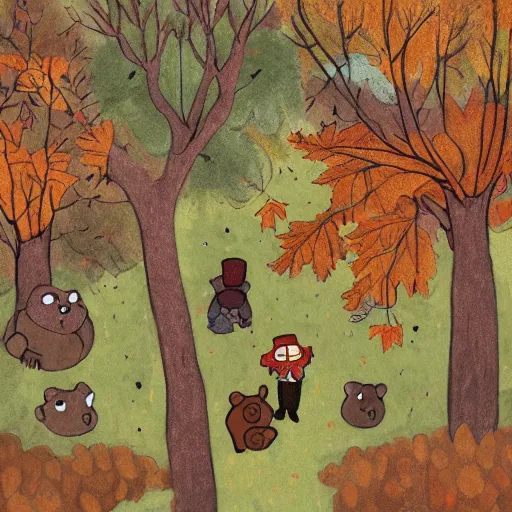 Image similar to autumnal woods with teddy bears, in the style of over the garden wall