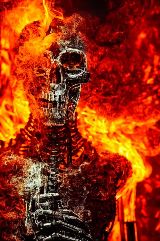 Image similar to detailed matte portrait of a t 8 0 0 endoskeleton shrouded in smoke and burning embers, intricate, elaborate, specular, chrome, reflection, chromatic aberration