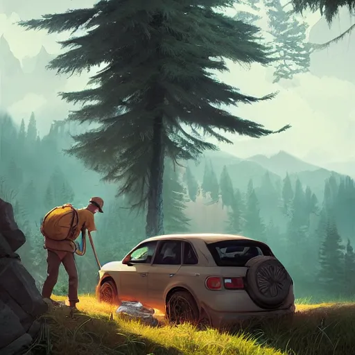 Prompt: ilustration hiker unloading the car before camping, characterized by roman shipunov, etienne hebinger, atey ghailan, cgsociety, cynical realism, fantasy art, 2 d game art