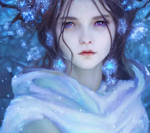 Image similar to beautiful ancient frost witch, blue fire in eye, snow glow, pool party, highly detailed, digital painting, artstation, sharp focus, illustration, art by tan zi and ayanamikodon and alphonse mucha and wlop!