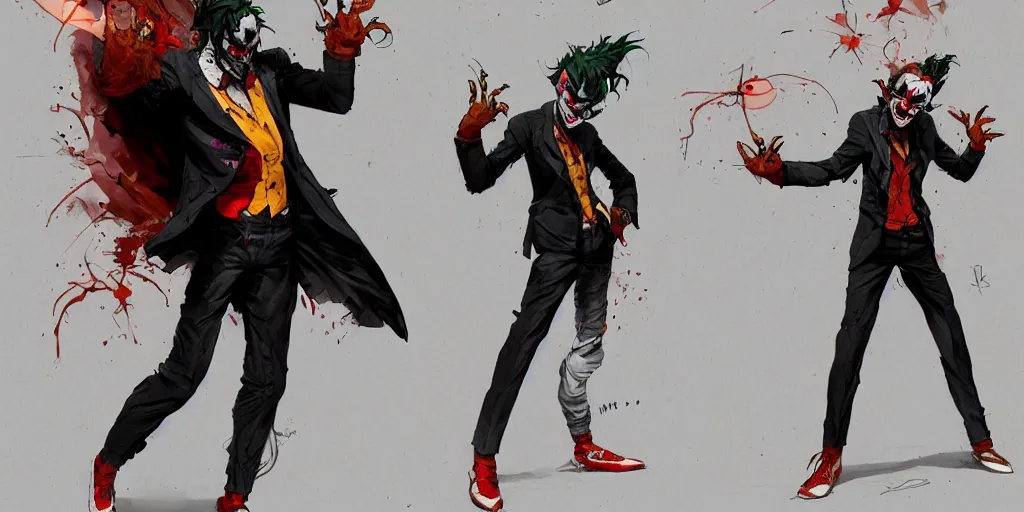 Image similar to cartoonish joker dancing in the night, vivid colors, character sheet, fine details, concept design, contrast, kim jung gi, greg rutkowski, enki bilal, trending on artstation, 8 k, full body, turnaround, front view, back view, ultra wide angle