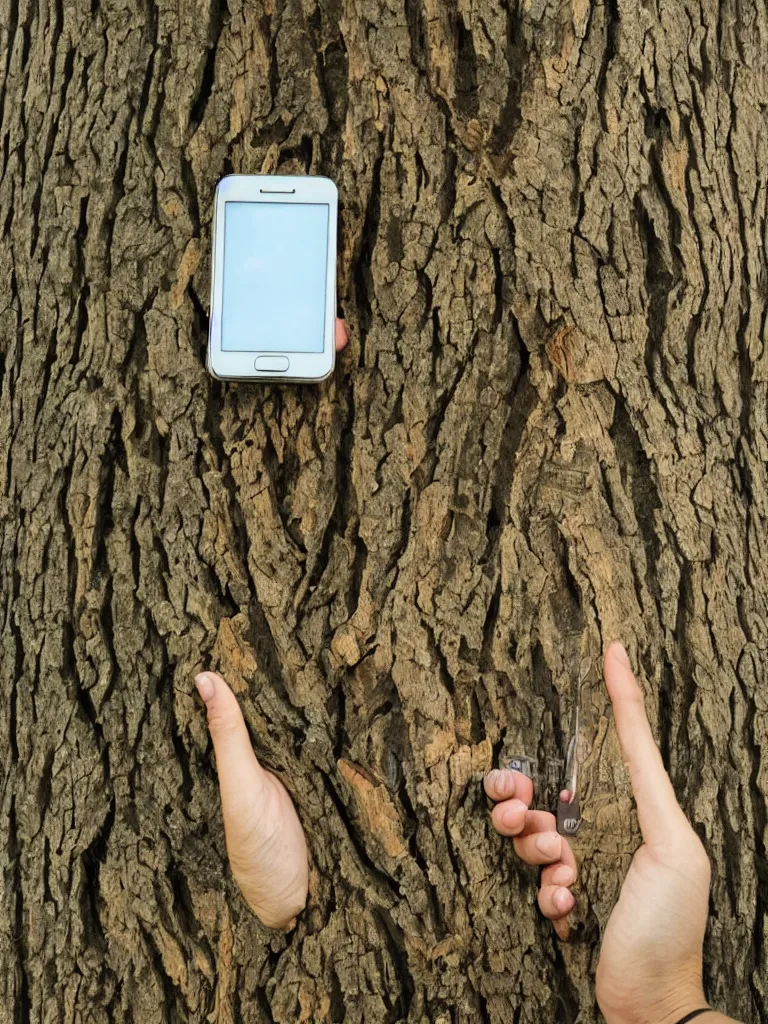 Prompt: condemed tatalus alone reaching for mobile phone growing from tree, wood cut