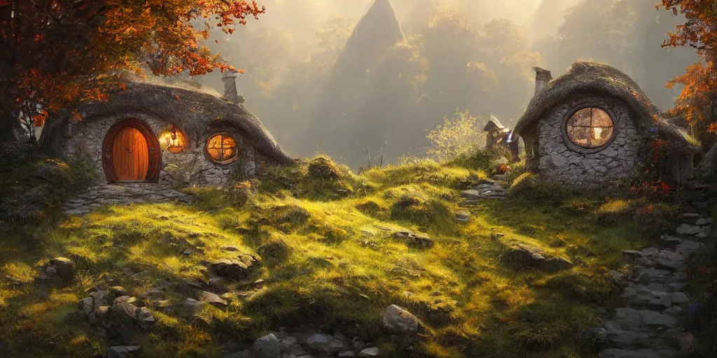 Image similar to a hobbit cottage on top of a steep hill, greg rutkowski, zabrocki, moebius, karlkka, jayison devadas, highly detailed, autumn sunlights, smoky atmosphere, ( ray of sunlight ), trending on artstation, 8 k, ultra wide angle, zenith view, pincushion lens effect