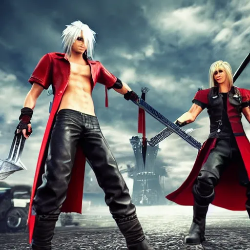 Image similar to Dante from Devil May Cry 5 and Cloud Strife from Final Fantasy VII Remake fighting with their swords, fantasy, shot on iphone, hyperrealism 8k,