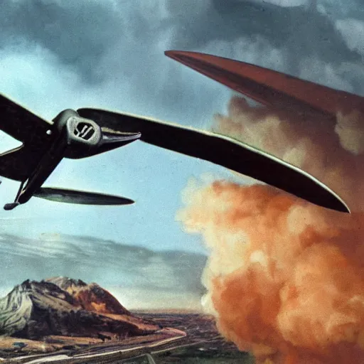 Prompt: a detailed matte painting of a pterodactyl flying in a nazi messerschmitt in a bombing raid, 8 k, artstation, art in a turn of the century pulp novel style