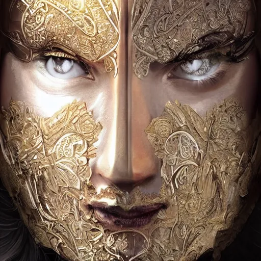 Prompt: Very very very very highly detailed epic photo of face with beautiful ornamental venetian mask, intricate, dystopian, sci-fi, extremely detailed, digital painting, artstation, concept art, smooth, sharp focus, illustration, intimidating lighting, incredible art by Artgerm and Vincent di Fate and Anton Pieck