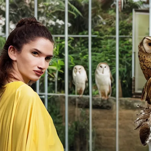 Image similar to head to shoulder portrait photograph of an elegant top model wearing a yellow kimono with a very detailed barn owl on her shoulder!!! in a tropical greenhouse. looking at the camera!!. super resolution. Graflex. bokeh. by Alessio albi and john william waterhouse and John Singer Sargent