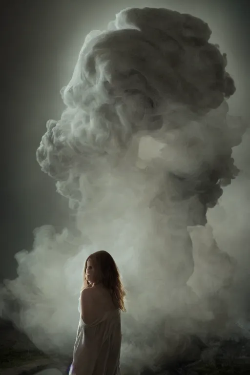 Image similar to 4k Detailed portrait by Gregory Crewdson of A woman shrouded in a cloud of smoke