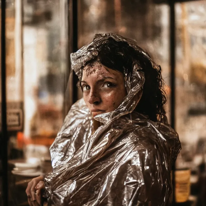 Prompt: closeup portrait of a woman wrapped in plastic, standing in a grungy dirty coffee shop cafe, color photograph, by vincent desiderio, canon eos c 3 0 0, ƒ 1. 8, 3 5 mm, 8 k, medium - format print