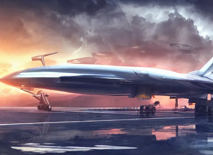 Prompt: futuristic jet plane arrives at runway of cyberpunk airport,cinematic lighting, concept art