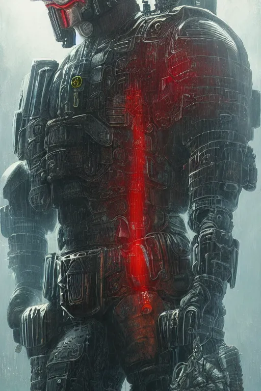 Prompt: Judge Dredd, realistic and ultra intricate detailed soft painting, volumetric lighting, mist, chains and red fluid background, artstation, Tom Bagshaw Yasushi Nirasawa Moebius artstyle, unreal render, depth of field