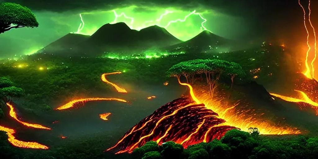 Image similar to boundary of two lands, green wild jungle vs dark mountain with lava, magic and lightning, epic, fantasy, D&D, intricate, highly detailed, sharp focus, cinematic lighting