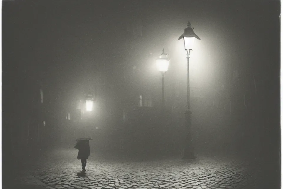 Prompt: wet plate, fumiko kaneko strolls along cobblestone street in tokyo, night time, alone, lamplight, victorian era, depth of field, very detailed, fog, highly accurate, intricate