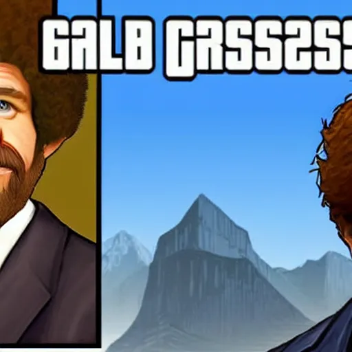 Prompt: Bob Ross as a character in GTA V, cell shaded loading screen art