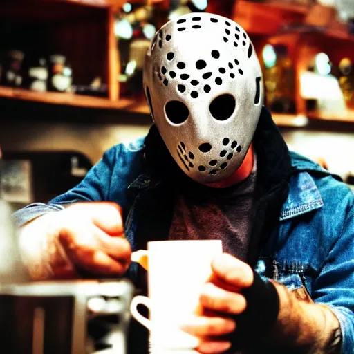 Image similar to photograph of jason voorhees having a coffee at an european caffé