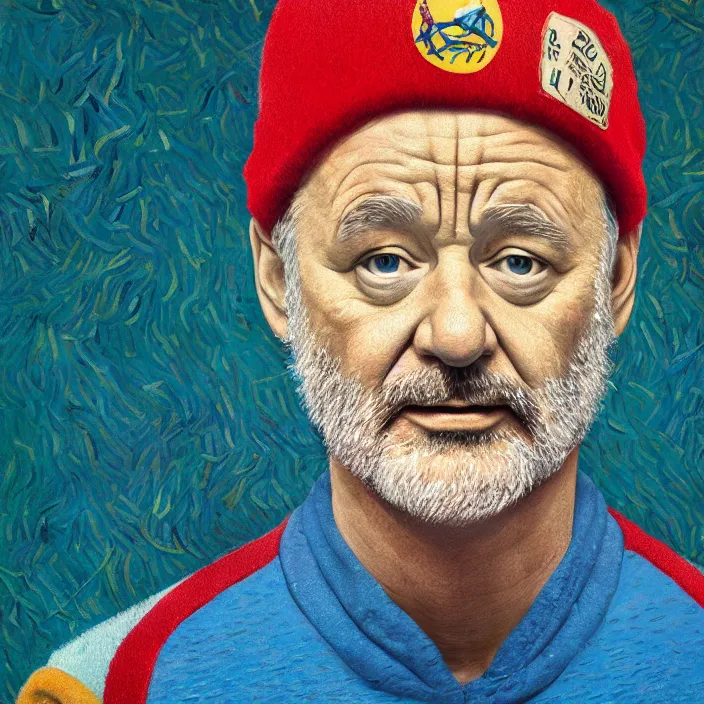 Image similar to portrait of bill murray as steve zissou, painting in the style of Wes Anderson. intricate artwork. by Van Gogh. octane render, trending on artstation, greg rutkowski very coherent symmetrical artwork. cinematic, high detail, octane render, 8k, iridescent accents